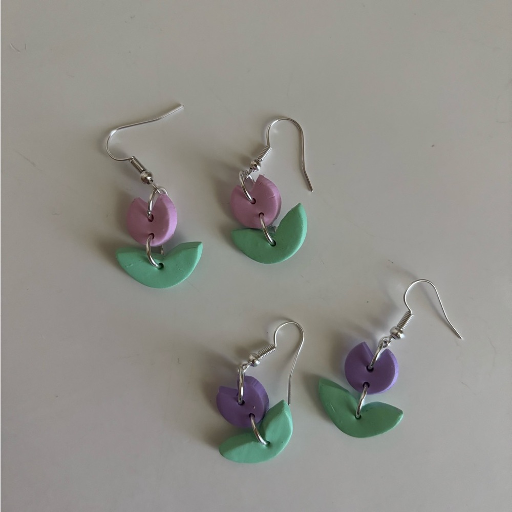 Two pairs of Earrings Pastel Green and Purple Earrings Spring Flowers